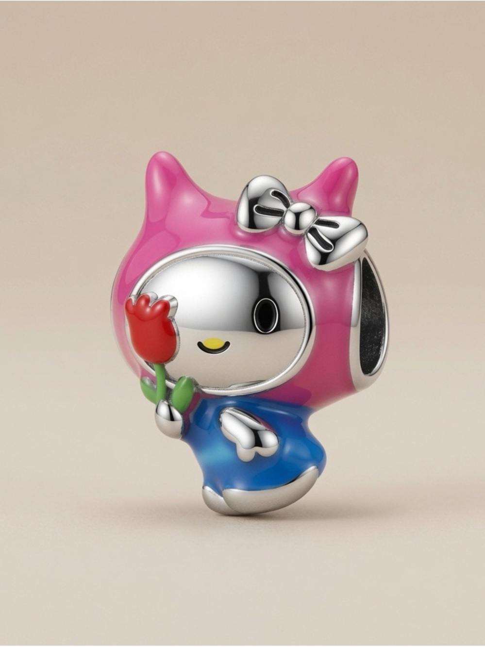 Pink Cat Charm with Red Tulip and Blue Outfit